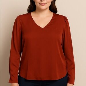 NWT - Carmen Marc Valvo Women’s V-Neck Long Sleeve Blouse – Cinnabar Red